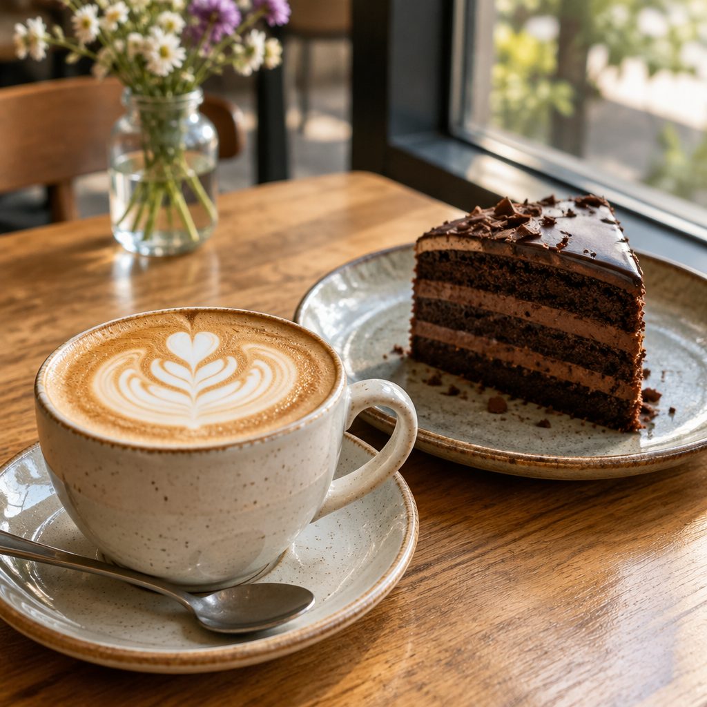 Capuchino con rebanada de pastel